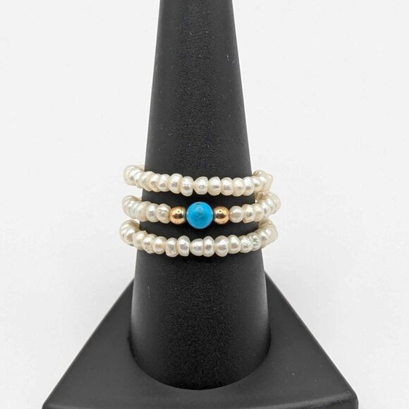 Expandable Fresh Water Pearl, Turquoise and Gold Bead Ring - Picture 1 of 6